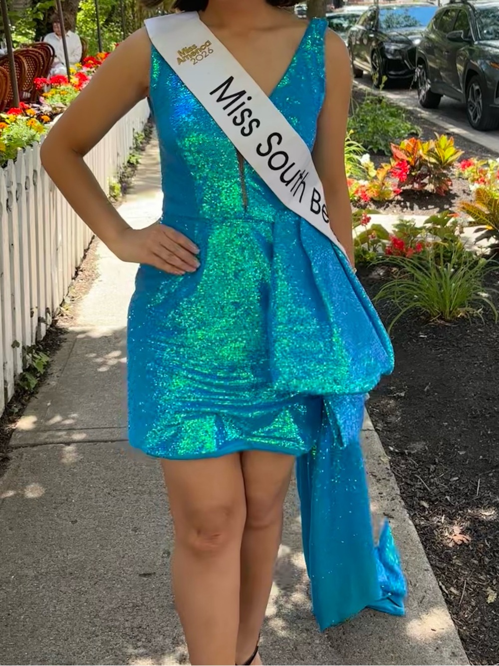 Ashley Lauren Sparkling Teal V-Neck Mini Dress
